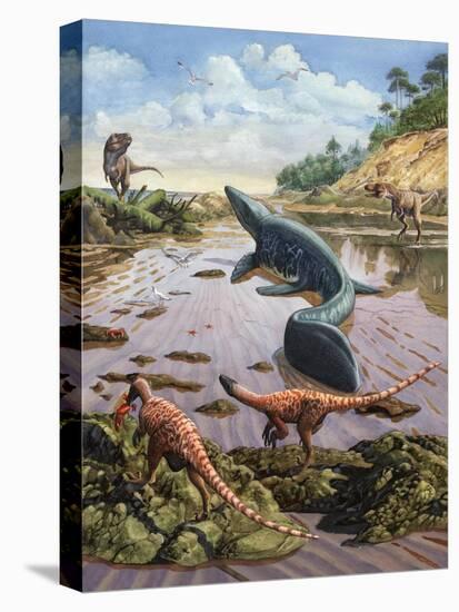 Raptors Attack a Vulnerable Mosasaurus That Remained Aground at Low Tide-null-Stretched Canvas