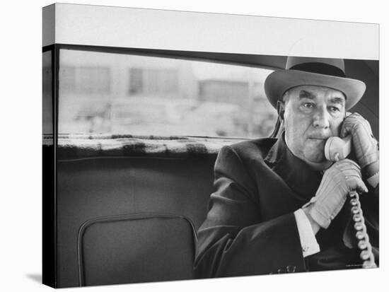 Realtor William J. Zeckendorf, Sitting in the Back Seat of His Limousine Talking on the Telephone-John Loengard-Premier Image Canvas