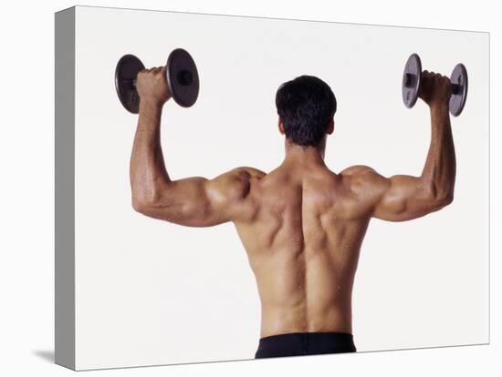 Rear View of a Man Holding Up Dumbbells-null-Premier Image Canvas