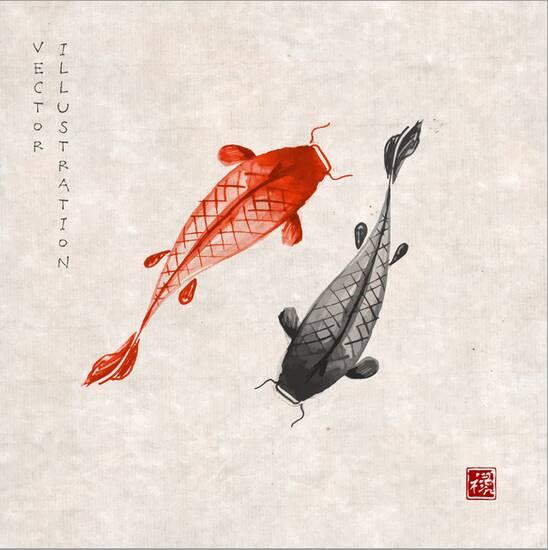 Red And Black Koi Carps Hand Drawn With Ink In Traditional