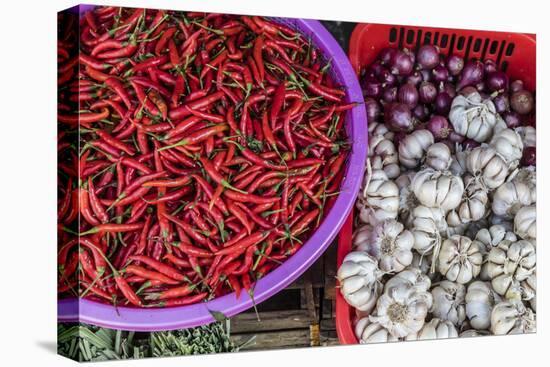 Red Chillies, Onions, and Garlic for Sale at Fresh Food Market in Chau Doc-Michael Nolan-Premier Image Canvas