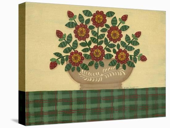 Red Flowers with Dark Green Tablecloth-Debbie McMaster-Premier Image Canvas