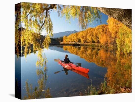 Red Kayak and Autumn Colours, Lake Benmore, South Island, New Zealand-David Wall-Premier Image Canvas