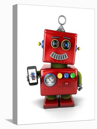 Red, Little Vintage Toy Robot with Smartphone, Smiling over White Background.-badboo-Stretched Canvas