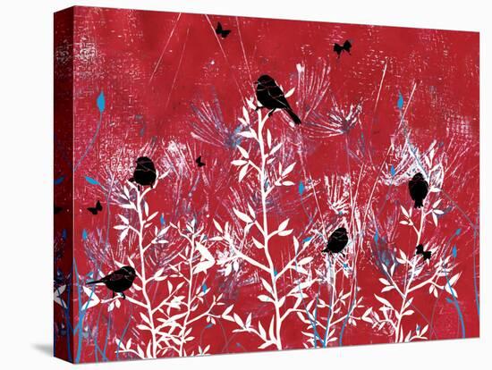 Red Painted Texture background with White Floral and Black Birds and Butterflies-Bee Sturgis-Stretched Canvas