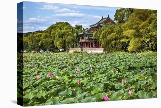 Red Pavilion Lotus Pads Garden Summer Palace Park, Beijing, China Willow Green Trees-William Perry-Premier Image Canvas