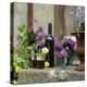 Red Wine Glasses & Red Wine Bottle on Stone Trough with Flowers-Christine Gill?-Premier Image Canvas