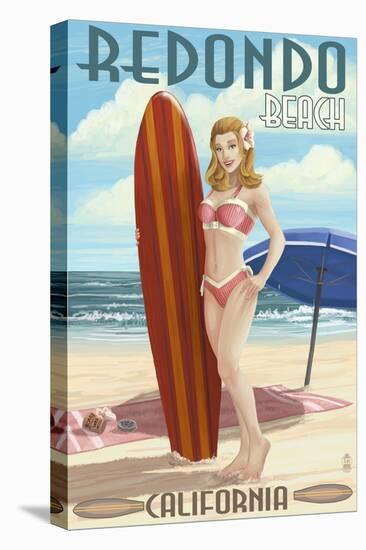 Redondo Beach, California - Pinup Surfer Girl-Lantern Press-Stretched Canvas