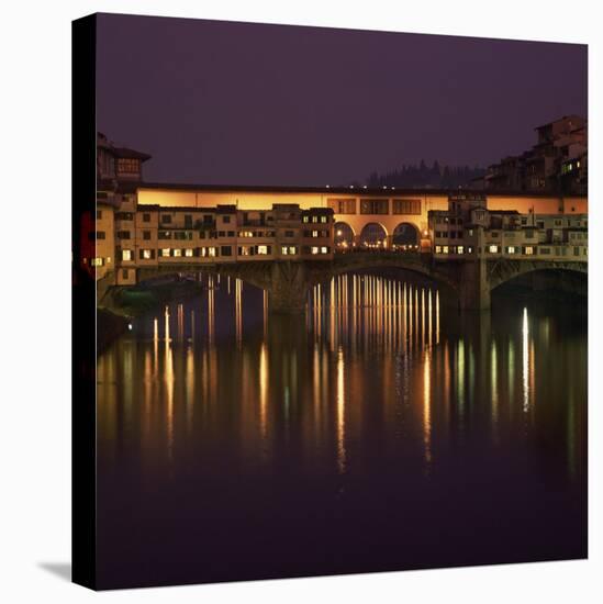 Reflections in the River Arno of Lights on the Ponte Vecchio, Florence, Tuscany, Italy-Roy Rainford-Premier Image Canvas