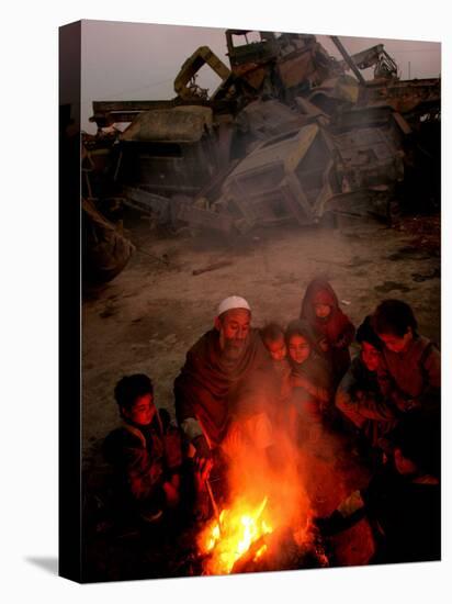 Refugees Light a Fire with Plastic and Rubbish Next to Tent in Junk Dump in Kabul, Afghanistan-null-Premier Image Canvas