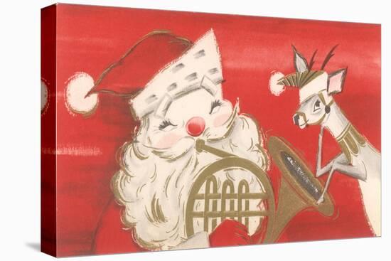 Reindeer, Santa with French Horn-null-Stretched Canvas