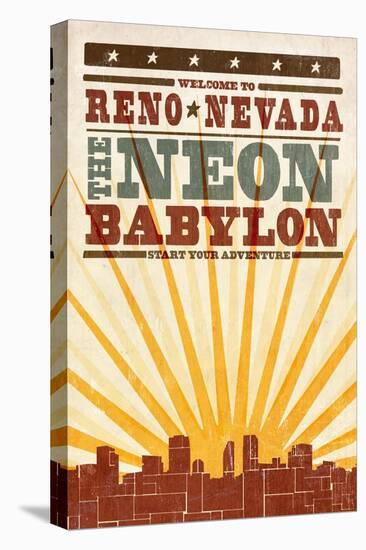 Reno, Nevada - Skyline and Sunburst Screenprint Style-Lantern Press-Stretched Canvas