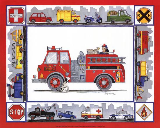 Rescue Trucks-Marnie Bishop Elmer-Stretched Canvas