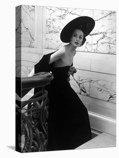 Restaurant Fashions: Cartwheel Hat, Strapless Evening Dress and Stole-Nina Leen-Premier Image Canvas