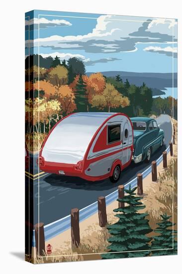 Retro Camper on Road-Lantern Press-Stretched Canvas