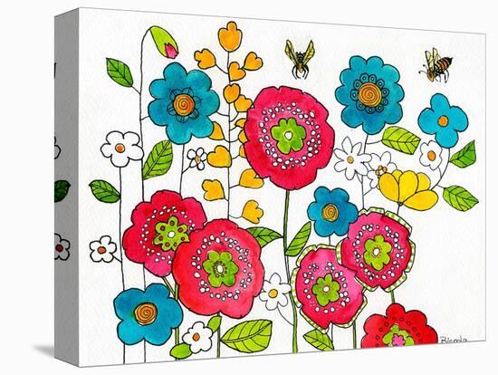 Retro Flowers and Two Bees-Blenda Tyvoll-Stretched Canvas