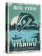 Retro Poster of Fisherman Club with Illustration of Big Fish. Vector Fishing Lake, Fisher Man on Bo-ONYXprj-Stretched Canvas