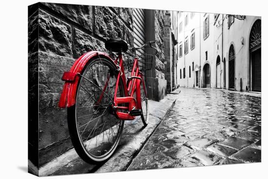 Retro Vintage Red Bike on Cobblestone Street in the Old Town. Color in Black and White. Old Charmin-Michal Bednarek-Premier Image Canvas