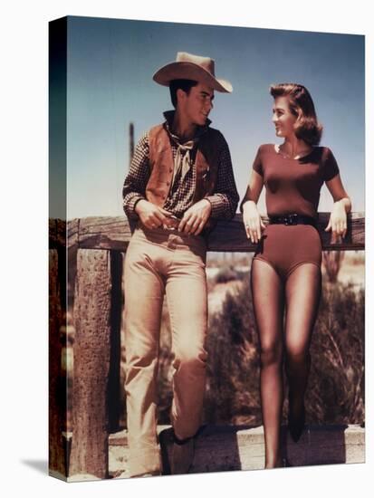 RIO BRAVO, 1959 directed by HOWARD HAWKS On the set, Ricky Nelson and Angie Dickinson (photo)-null-Stretched Canvas