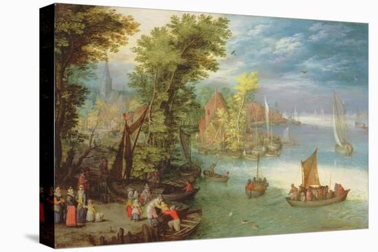 River Landscape with a Village and a Landing, 1612-Jan Brueghel the Elder-Premier Image Canvas