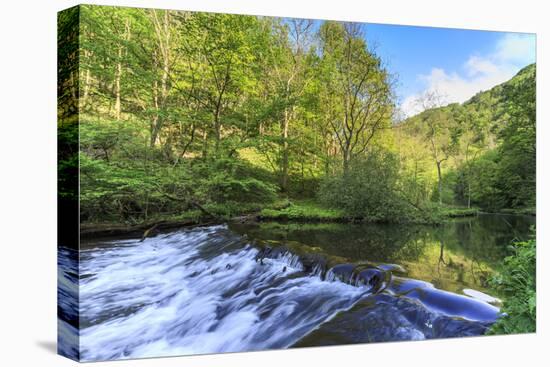 River Wye with Weir Runs Through Verdant Wood in Millers Dale, Reflections in Calm Water-Eleanor Scriven-Premier Image Canvas