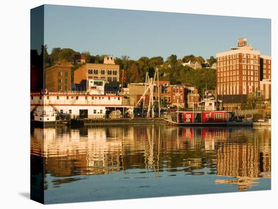 Riverboats, Mississippi River, and Historic Julien Hotel, Dubuque, Iowa-Walter Bibikow-Premier Image Canvas