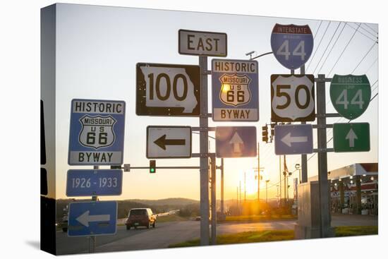 Road Sign at Sunset, Pacific, Missouri, USA. Route 66-Julien McRoberts-Premier Image Canvas