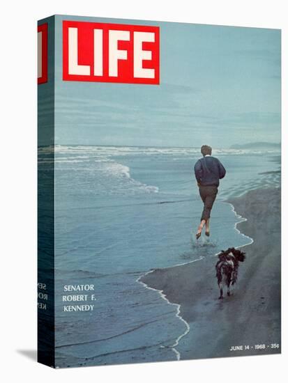 Robert F. Kennedy Jogging on the Beach with his Dog, June 14, 1968-Bill Eppridge-Premier Image Canvas
