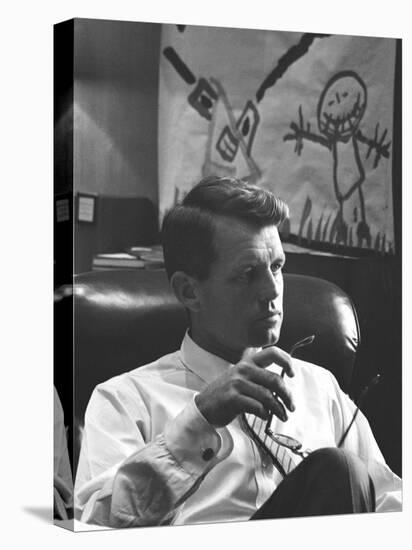 Robert F. Kennedy Sitting in Office in Front of Child's Painting-null-Premier Image Canvas