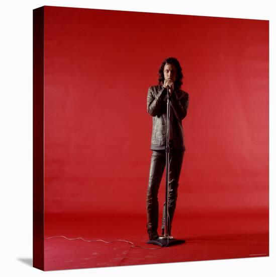 Rock Star Jim Morrison of the Doors Holding Microphone Alone as He Stands Against a Red Backdrop-Yale Joel-Premier Image Canvas