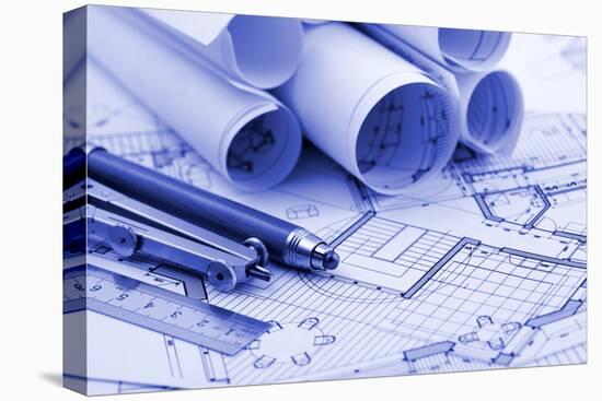 Rolls of Blueprints and Work Tools - Ruler, Pencil, Compass--Vladimir--Premier Image Canvas