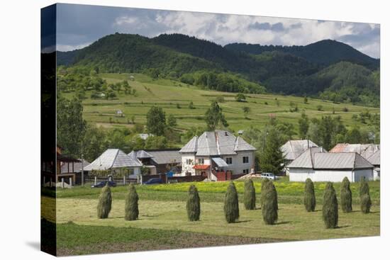 Romania, Maramures Region, Rona de Jos, Village View with Haystacks-Walter Bibikow-Premier Image Canvas