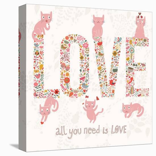 Romantic Valentines Day Card with Word Love Made Birds, Flowers, Petals, Hearts and Twigs. Cute Wed-smilewithjul-Stretched Canvas