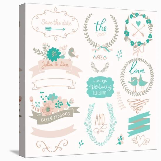 Romantic Wedding Set with Labels, Ribbons, Hearts, Flowers, Arrows, Wreaths, Laurel and Birds. Grap-smilewithjul-Stretched Canvas