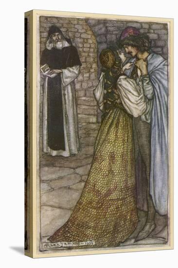 Romeo and Juliet in Embrace at Frair Lawrence's Cell-Arthur Rackham-Stretched Canvas