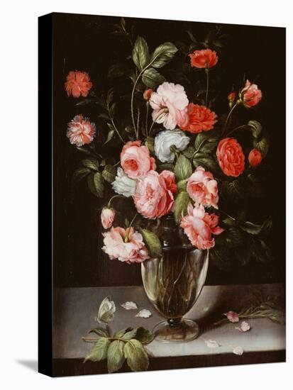 Roses and Carnations in a Glass Vase on a Stone Ledge-Ambrosius Brueghel-Premier Image Canvas