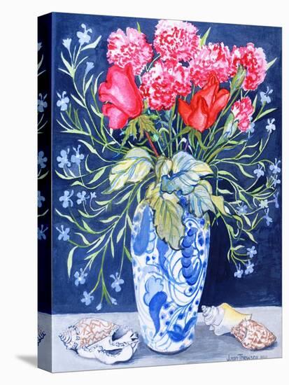 Roses, Carnations and Lobelia in a Blue and White Vase,3 Shells Textiles 2011-Joan Thewsey-Premier Image Canvas