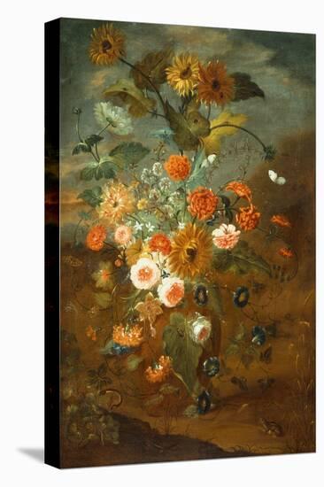 Roses, Carnations, Sunflowers in a Vase with Butterflies, Frogs, Insects-Rachel Ruysch-Premier Image Canvas