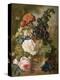 Roses, Chrysanthemums, Peonies and Other Flowers in a Glass Vase with Goldfish on a Stone Ledge-Jan van Os-Premier Image Canvas