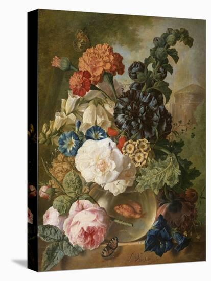 Roses, Chrysanthemums, Peonies and Other Flowers in a Glass Vase with Goldfish on a Stone Ledge-Jan van Os-Premier Image Canvas