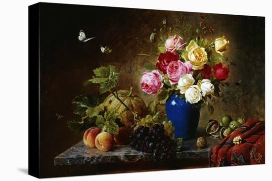 Roses in a Vase, Peaches, Nuts and a Melon on a Marbled Ledge-Olaf August Hermansen-Premier Image Canvas