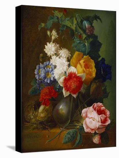 Roses, Poppies, Morning Glory and Other Flowers in a Vase with a Bird's Nest on a Ledge-Jan van Os-Premier Image Canvas