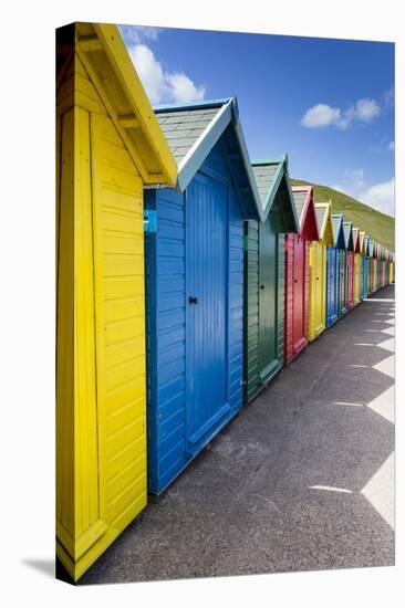 Row of Colourful Beach Huts and their Shadows with Green Hill Backdrop-Eleanor Scriven-Premier Image Canvas