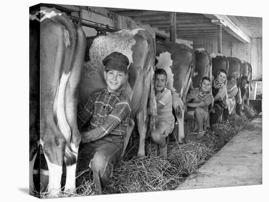 Row of Cows' Rumps, with Fat Cheeked Family of Six Milking Them, in Neat Cow Barn-Alfred Eisenstaedt-Premier Image Canvas