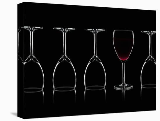 Row of Wine Glasses and a Glass of Red Wine Against a Black Background-Shawn Hempel-Premier Image Canvas