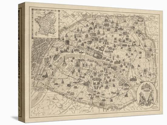 Rustic Paris Map-The Vintage Collection-Stretched Canvas