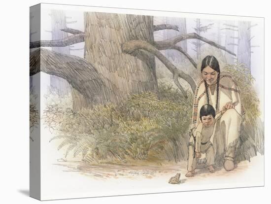 Sacagawea and Her Son are Kneeling Down, Looking at a Large Frog or Toad-Roger Cooke-Premier Image Canvas