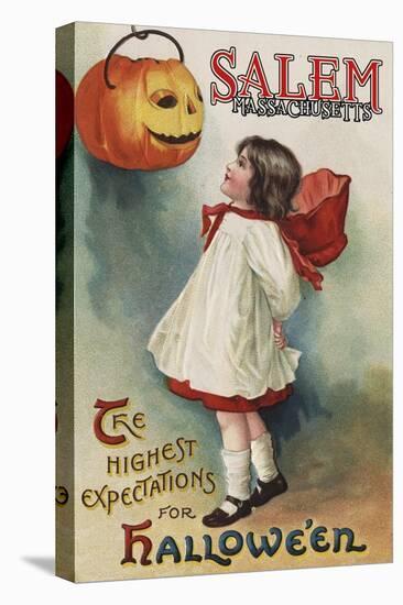 Salem, Massachusetts - Halloween Greeting - Girl in Red and White - Vintage Artwork-Lantern Press-Stretched Canvas