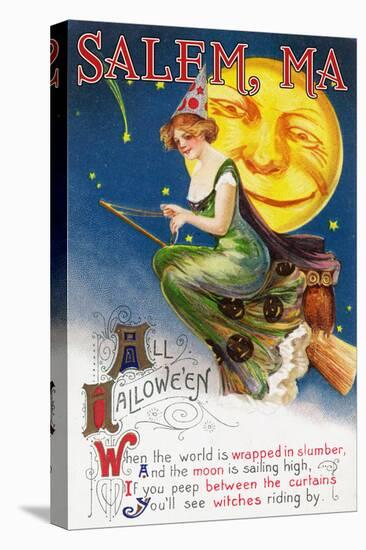Salem, Massachusetts - Halloween Greeting - Witch on a Broom by Full Moon - Vintage Artwork-Lantern Press-Stretched Canvas
