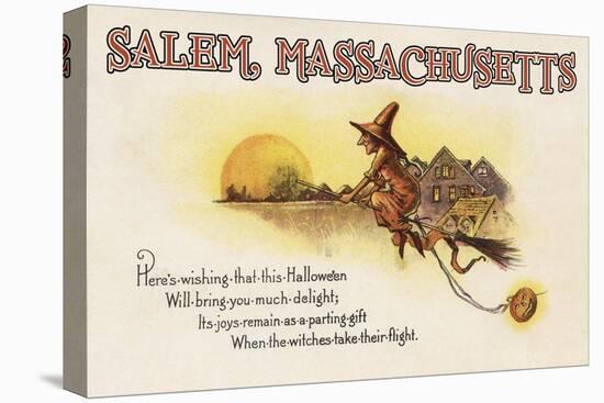 Salem, Massachusetts - Halloween Joys - Witch on Broom - Vintage Artwork-Lantern Press-Stretched Canvas